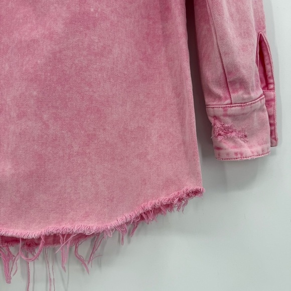 Retrofete Doreen Denim Button Down Shirt with Raw Hem in Vintage Pink Size XS - Picture 10 of 11